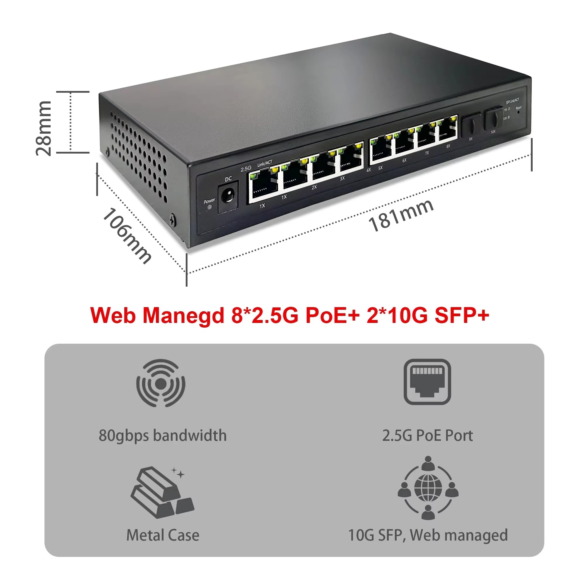 Sfp+ 10G Managed Switch 8 Port - 2.5G スマートウェブ管理対応 PoE スイッチ、8ポート、IEEE802.3af/at、120W、2つの10G SFP+ポート搭載、Wi-Fi 6